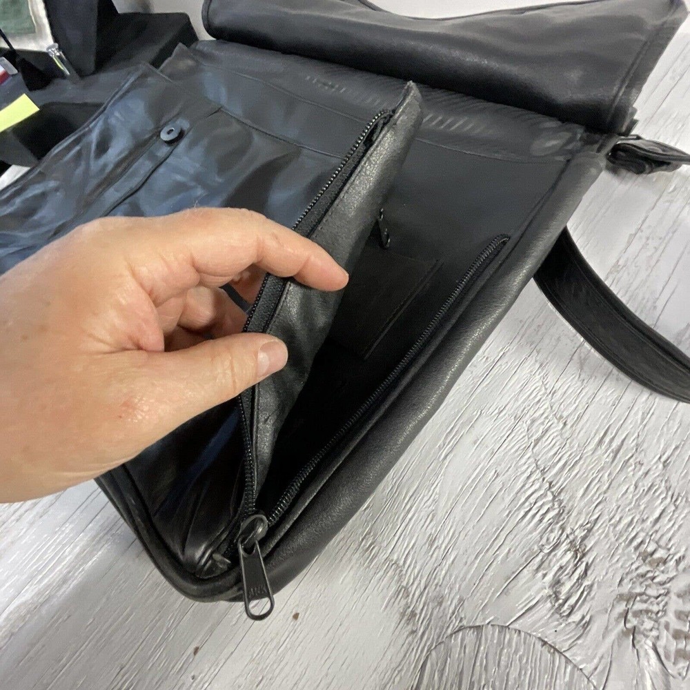 Black Leather Messenger Bag Magnetic Snap Button Close Shoulder Strap - Picture 12 of 16